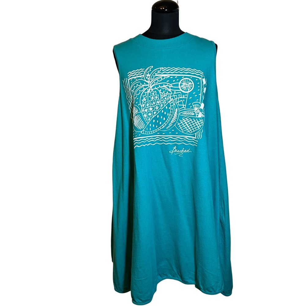 Vintage Beached Cotton Coverup Dress in Teal with Tropical Fruit, Women's Medium